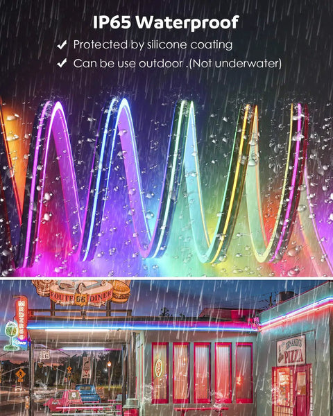 16.4Ft LED Neon Rope Lights Addressable LED Strip Neon Sign showing flexible RGB colors, waterproof for outdoor use, WS2811 DC12V