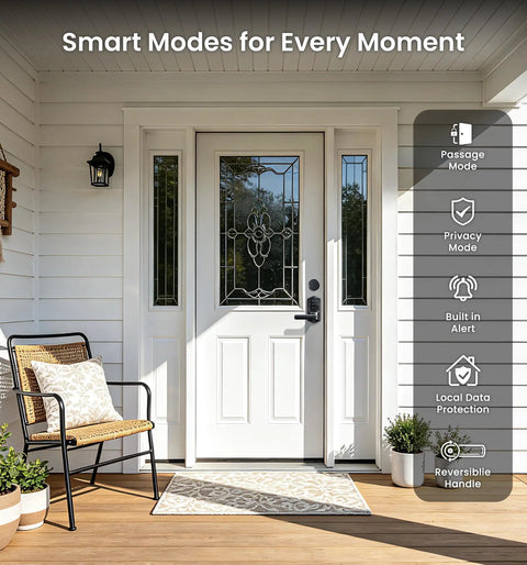 Slick WiFi Smart Lever Lock With Nonkeyed Deadbolt Matte Black installed on front door with seating area and decorative mat.