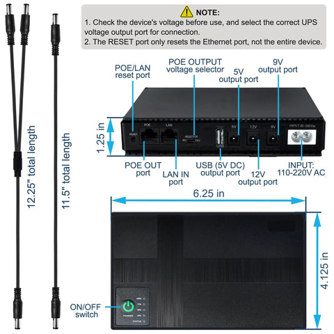 Mini Ups Battery Backup For Wifi Routers Featuring 10400mAh Rechargeable Cells And Poe Usb Outputs To Keep Your Modem Camera Phone Cranking Solid Without Sweat During Blackouts, showing ports and dimensions.