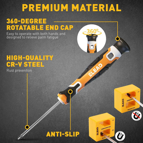 86 Piece Magnetic Screwdriver Set With Torx Slotted Phillips Precision Drivers shown with rotatable end cap feature