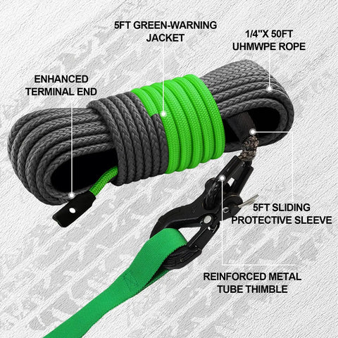 All In One Synthetic Winch Rope Kit 1/4 Inch By 50 Feet With 10000 Lbs Break Strength, shown with forged hook and sleeve.