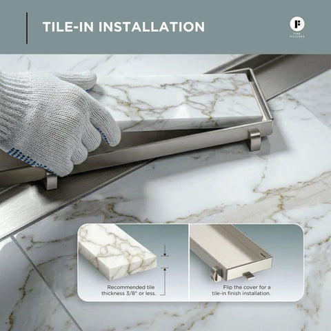 Tile-in installation of Rugged 42 Inch Linear Shower Drain With Flip Style Tile Cover And Sleek Satin Brass Trim Crafted From Bulletproof 304 Stainless Steel.