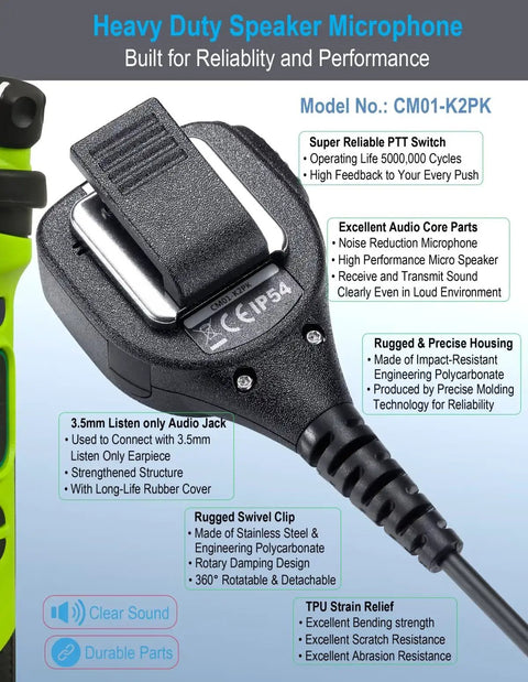 Durable 2 Pin Shoulder Microphone For Kenwood Radios showcasing model CM01-K2PK with heavy-duty clip and rugged design.