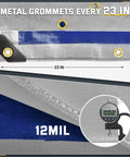 Close-up of Beast Mode Tough 12 Mil Heavy Duty Waterproof Tarp With Metal Grommets, showing silver and blue poly tarp detail.