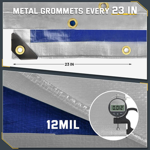 Close-up of Beast Mode Tough 12 Mil Heavy Duty Waterproof Tarp With Metal Grommets, showing silver and blue poly tarp detail.