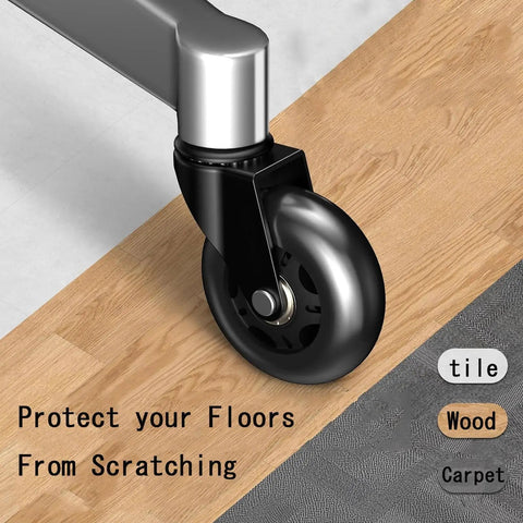 Close-up of Heavy Duty Office Chair Wheels Roller Blade Casters Rubber Caster Set Of Five on wood floor, showing quiet movement and floor protection.