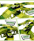 266 Piece Dino Track Set For Kids Ages 3 4 5 6 7 Flexible Race Tracks With 2 Dino Cars Bridges Tunnels Coconut Trees Switch Plates And Build Your Own Jurassic World Adventure showing toy car on multi-level tracks