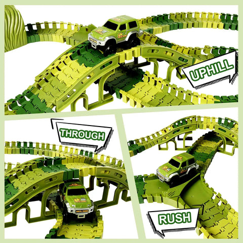 266 Piece Dino Track Set For Kids Ages 3 4 5 6 7 Flexible Race Tracks With 2 Dino Cars Bridges Tunnels Coconut Trees Switch Plates And Build Your Own Jurassic World Adventure showing toy car on multi-level tracks