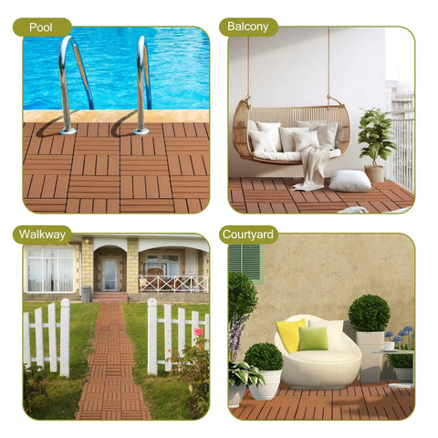 Wood Plastic Composite Patio Deck Tiles Interlocking Kit For Outdoor And Indoor Use, Waterproof Durable WPC Flooring In Teak Finish, 12x12 Inches, DIY Friendly Easy Assembly No Tools Needed on poolside, balcony, walkway, and courtyard