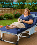 Woman relaxing on Heavy Duty Tanning Chair With Face Hole And Pad Slate Blue Five Position Folding Chaise Lounge For Outdoor Sunbathing