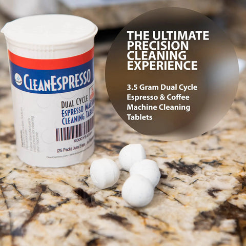 Dual Cycle Cleaning Tablets For Jura Coffee Machines 3.5g Each Espresso displayed on countertop next to bottle
