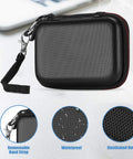 Samsung T7 And T7 Touch Portable SSD Case With Silicone Cover Hard EVA Shockproof Travel Organizer For 500GB 1TB And 2TB USB Solid State Drives Black Edition shown with strap, waterproof, elastic net features.