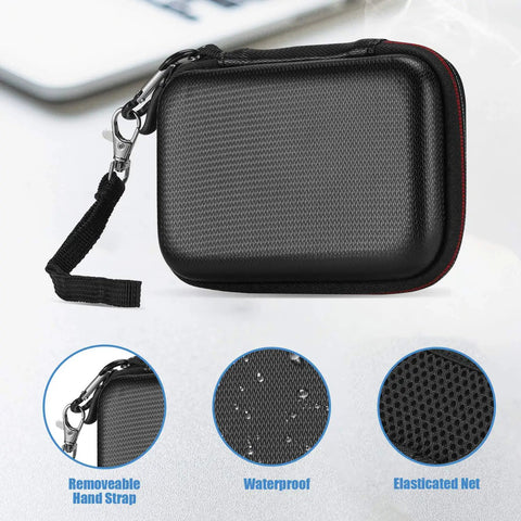 Samsung T7 And T7 Touch Portable SSD Case With Silicone Cover Hard EVA Shockproof Travel Organizer For 500GB 1TB And 2TB USB Solid State Drives Black Edition shown with strap, waterproof, elastic net features.