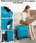 Woman using Underseat Carry On Luggage With Wheels 16 Inch Softside Suitcase Lightweight Travel Bag With Telescopic Handle And Quiet 360 Degree Wheels Built In Charging And Headphone Port Caribbean Blue Personal Item For Men And Women; showing charging port in use.