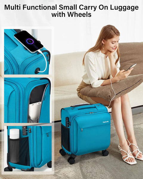 Woman using Underseat Carry On Luggage With Wheels 16 Inch Softside Suitcase Lightweight Travel Bag With Telescopic Handle And Quiet 360 Degree Wheels Built In Charging And Headphone Port Caribbean Blue Personal Item For Men And Women; showing charging port in use.