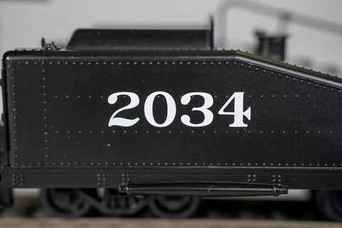 Side view of Santa Fe ATSF 2034 slope tender from USRA 0-6-0 Old-School Steam Locomotive HO Scale Model with precise detail.
