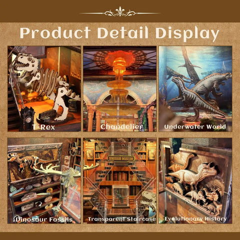 Product detail display of Dinosaur Museum 3D Wooden Puzzle With LED Lights For Bookshelf Decor DIY Craft For Adults.