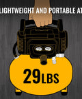 Graphic of a Six Gallon Pancake Air Compressor Kit With Thirteen Piece Accessory Set, showing it held by a hand, weighing 29 lbs.
