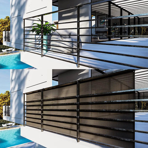 Straight Up Heavy Duty Balcony Privacy Fence Screen Mesh Windscreen Block Sunlight And Breeze For Deck Patio Porch Backyard Outdoor Shade Cover Brown With Grommets, shown on railing.