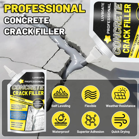 High Elasticity Self Leveling Concrete Crack Filler For Driveways, Walkways And Patios, Waterproof Slab Repair Sealant, Flexible Cement Crack Repair For Indoor And Outdoor Surfaces In Grey, 1.5 Lb. package and demonstration of application on concrete crack