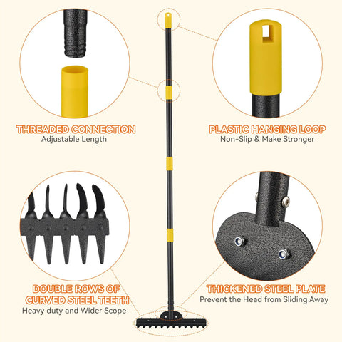 Illustration of 77 Inch Adjustable Bow Rake With Metal Head And 1.1 Inch Thick Stainless Steel Handle, highlighting features.