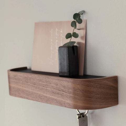 Walnut Wall Mounted Key Holder With Wooden Shelf, Minimalist Modern Key Rack For Entryway Organizer, Six Slick Hidden Hooks