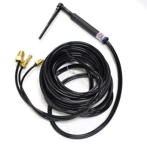 Beefy Water Cooled TIG Torch Kit 300A, 25-Foot Lead, Triflex Head showing coiled cable & connectors, durable for welding