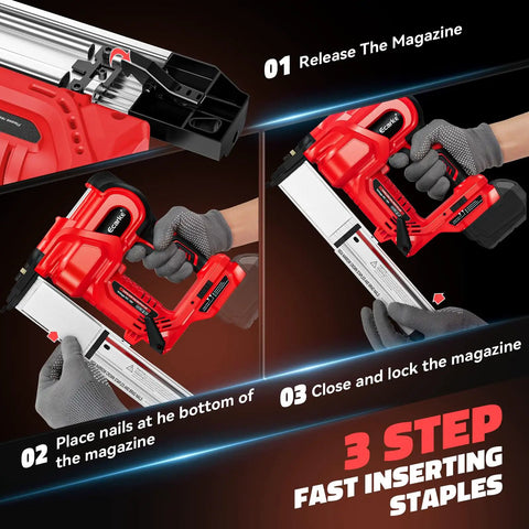 Step-by-step guide for using 2-In-1 Cordless Brad Nailer And Stapler for Trim Wood DIY, 18 Gauge, Battery Not Included.