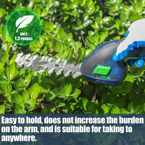 Person using 7.2V Cordless Grass Shear And Shrub Trimmer 2 In 1 Mini Hedge Cutter on green shrub