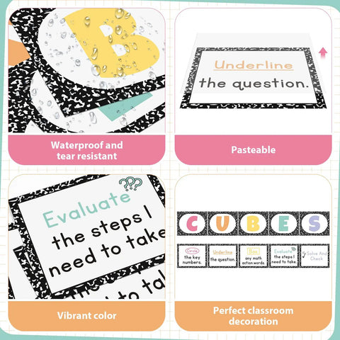 10 Piece Math Bulletin Board Set For Classroom Cubes And Problem Solving Posters, Back To School Wall Decor with paper cutouts.