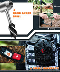 All In One Outdoor Survival Gear Set With Large Camping Backpack And First Aid Kit, Ultimate Camping Equipment For Hiking Adventures, showing hand auger drill and packed backpack.
