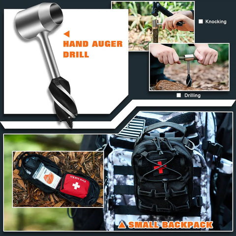 All In One Outdoor Survival Gear Set With Large Camping Backpack And First Aid Kit, Ultimate Camping Equipment For Hiking Adventures, showing hand auger drill and packed backpack.