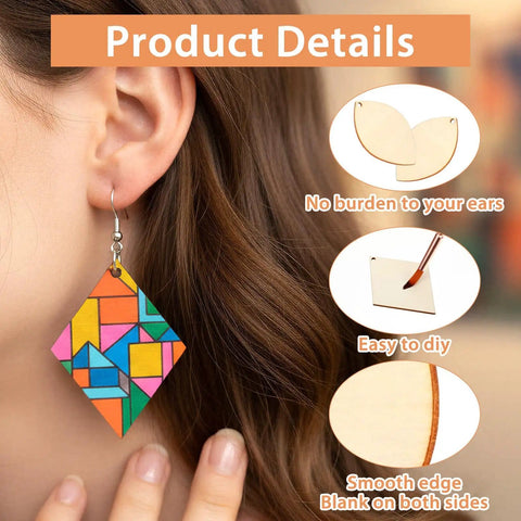 Close-up of a woman wearing a colorful DIY earring made from an Unfinished Wooden Earring Blanks Set With Teardrop, Circle, Leaf, And Diamond Shapes, 60 Blanks Plus 60 Earring Hooks And 60 Jump Rings For DIY Jewelry Making.
