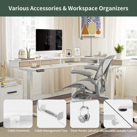 Premium FEZIBO Triple Motor L Shaped Electric Standing Desk 63 Inches Wide Corner Gaming Workstation with various accessories and organizers.