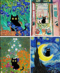 Four-piece 5D Diamond Painting Kit Set for beginners with black cat designs in Matisse and Van Gogh styles, 11.8x15.7 inches.