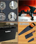Collage showing panel with dials, DIY toy robot, black toolbox, and scabbards on wooden table.