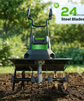 Front view of Powerful 1800W Corded Garden Tiller Cultivator with 24 reinforced steel blades on soil