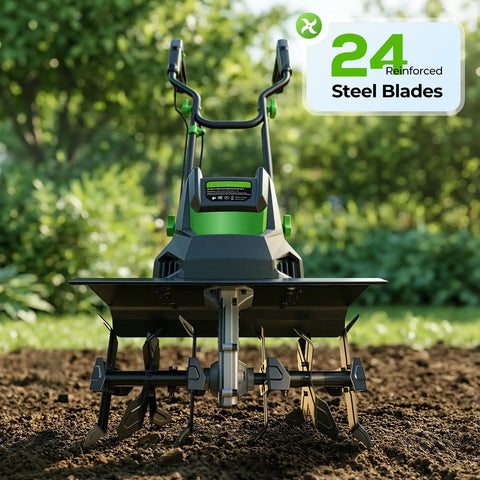 Front view of Powerful 1800W Corded Garden Tiller Cultivator with 24 reinforced steel blades on soil