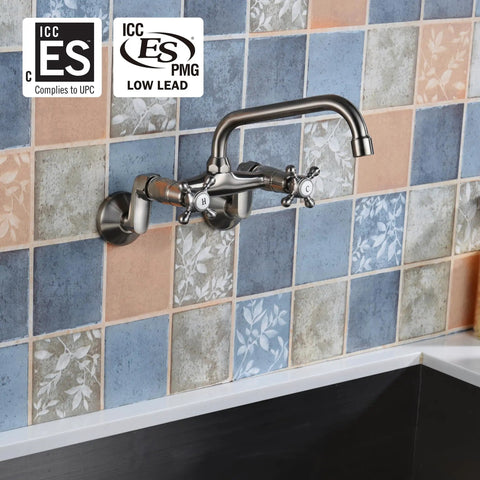 Kitchen Wall Faucet With Two Cross Handles In Brushed Nickel Finish Wall Mounted And Adjustable Spread From Three To Nine Inches Easy DIY