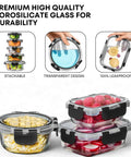 30 Piece Glass Food Storage Containers Set With Lids For Meal Prep And Leftovers, Airtight Leakproof Snap Locking Lids, Oven Freezer Microwave And Dishwasher Safe, Assorted Rectangular Square And Round Containers shown with stacked and sealed lids.