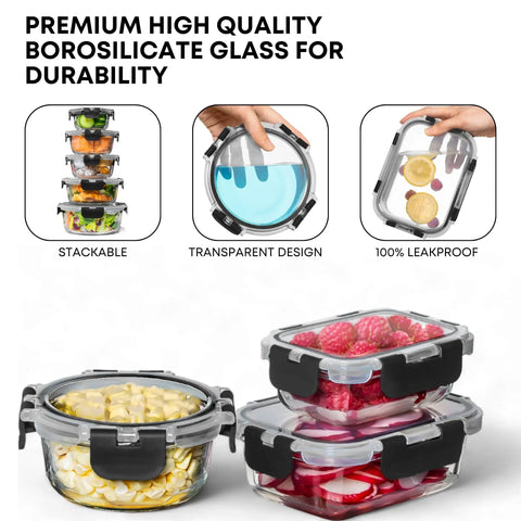 30 Piece Glass Food Storage Containers Set With Lids For Meal Prep And Leftovers, Airtight Leakproof Snap Locking Lids, Oven Freezer Microwave And Dishwasher Safe, Assorted Rectangular Square And Round Containers shown with stacked and sealed lids.