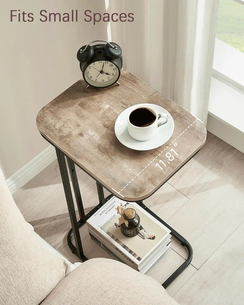 C Shaped End Table For Sofa And Bed with clock and coffee cup on top, metal frame in greige and black finish, 11.81 inches wide