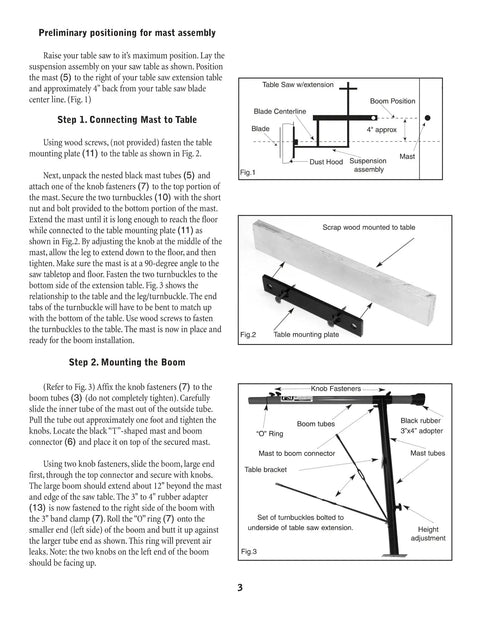 Heavy Hitter Table Saw Dust Collection Guard Handles Up To 16 Inch Blades With Smooth 45 Degree Tilting Boom assembly setup image.