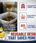 Heavy Duty Deep Fryer Oil Filter Bag And Frame For Restaurants Reusable Grease Strainer positioned in a pot catching used oil.