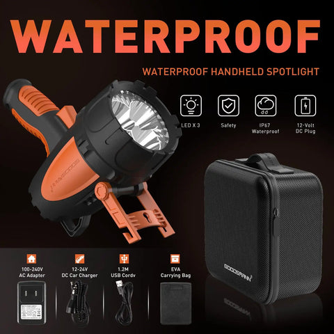 Rechargeable Handheld Spotlight With Up To 4500 Lumens, IP67 Waterproof Marine Grade LED Searchlight and EVA Carry Case