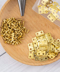 Thirty Pieces Small Brass Hinges For Crafts With 120 Screws And Nails, 13 X 12 Mm on wooden plate for DIY projects.