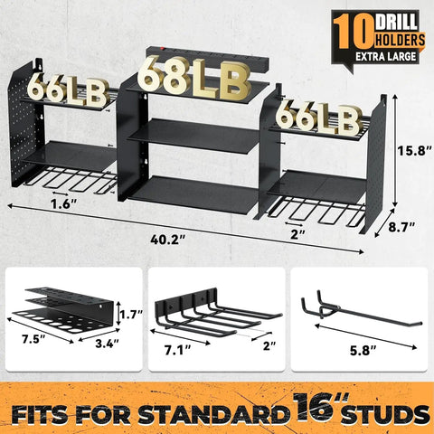 Premium Wall Mount Power Tool Organizer With Charging Station And 6.5-Foot Power Strip Ten Drill Holders Dual Layer Storage Rack For Garage Or Workshop Organization Pro Grade Convenience showing dimensions and weight capacity.