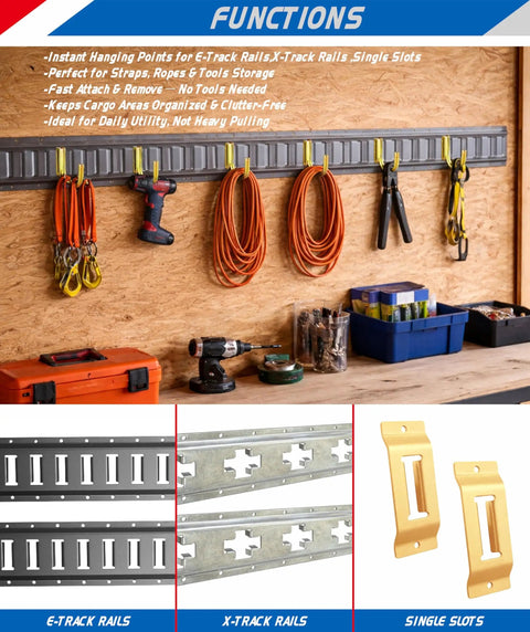 Wall-mounted 2 Inch E Track J Hooks Heavy Duty Tie Down Accessories For Trucks Trailers Garages Vans Warehouses And Workshops Galvanized Steel With 400 Lb Working Load And 1200 Lb Break Strength Universal Fit For Cargo Straps And Gear holding tools.
