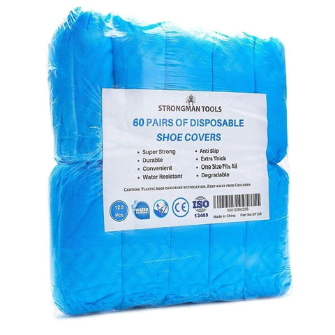 Ultra Thick Disposable Shoe Covers 120 Pack 60 Pairs Non Slip Water Resistant Booties For Indoor Outdoor Use in packaging
