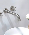 Brushed Nickel Wall Mount Bathroom Faucet With Double Handles Includes Rough In Valve Drip Free Ceramic Disc Cartridge Solid Brass Build